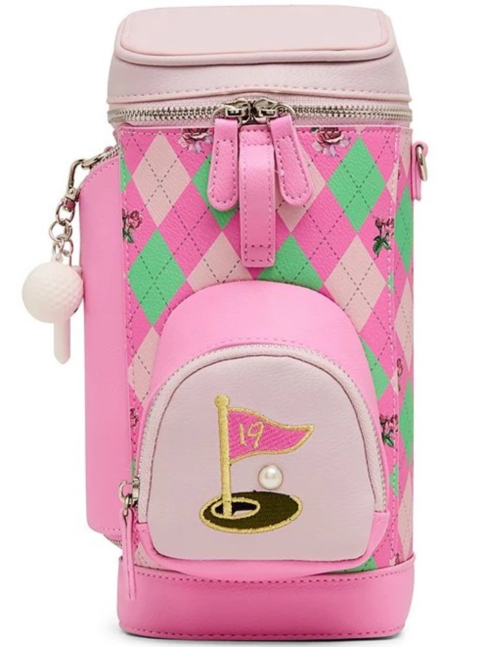 Betsey Johnson Pink Argyle Mini Bottle Bag with Front Pocket